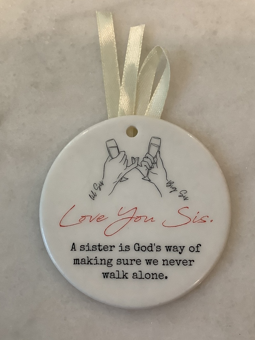Love You Sis Ceramic Ornament - White with Red Script, Brand New